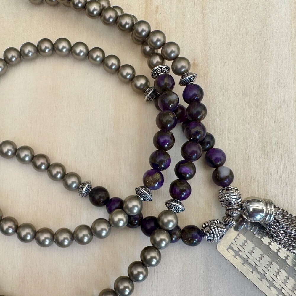 Boho Silver Tone, Mother of Pearl & Purple Imperial Jasper Beaded Necklace